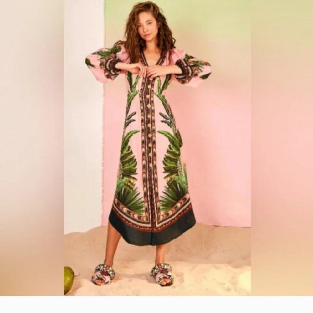 FARM Rio Pink Tropical Palm-Print Maxi Dress